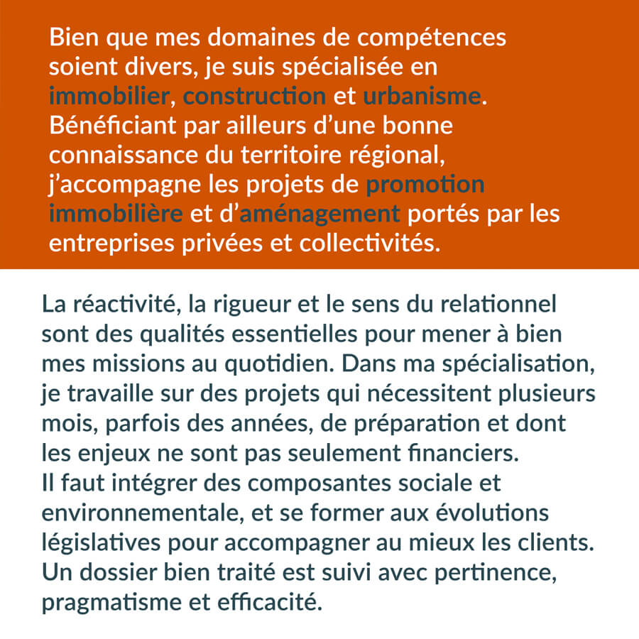 Texte expliquant les compétences de Sophie Guinet dans l'immobilier et l'urbanisme